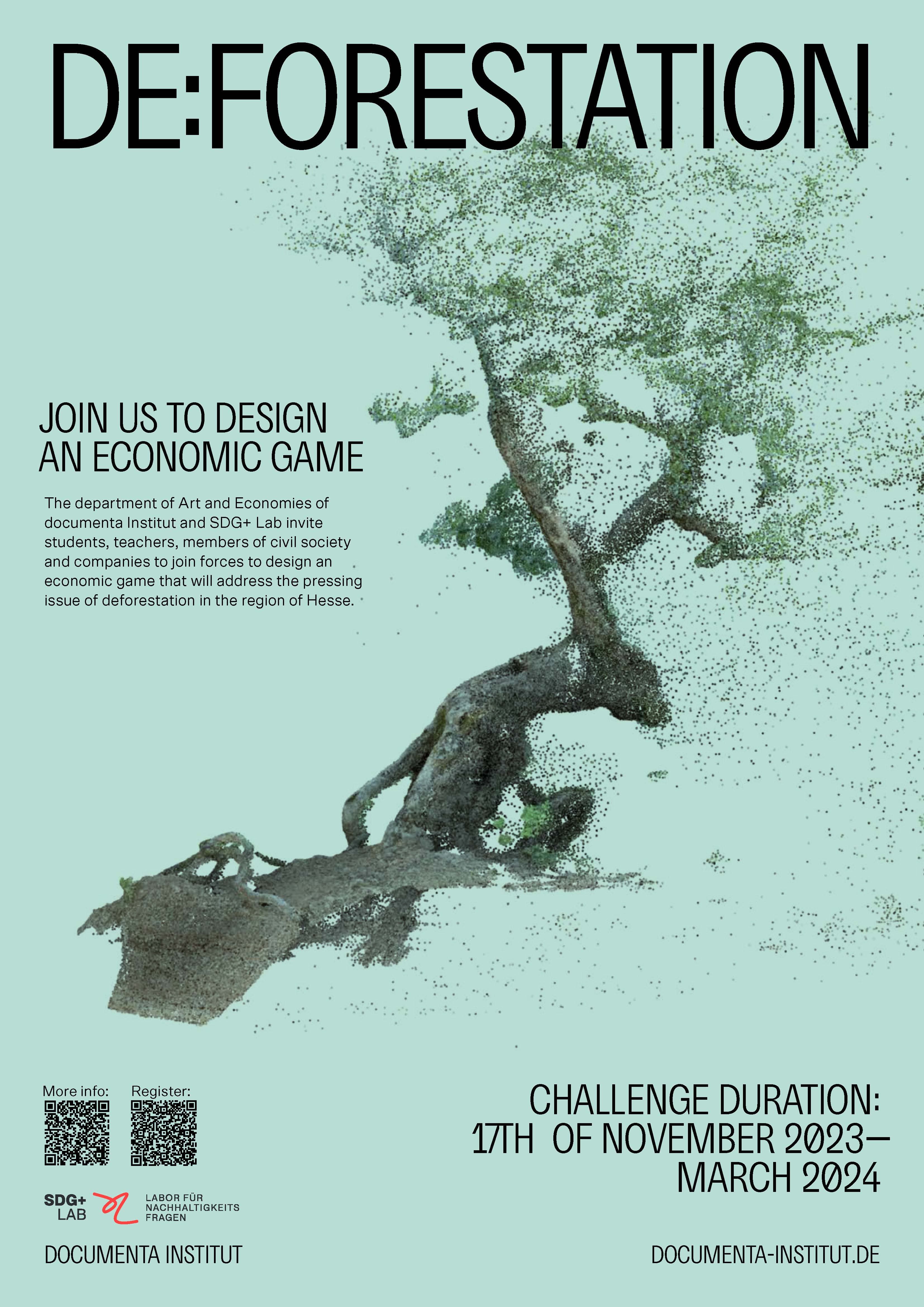 Ein Plakat, welches eine Pixelgrafik von einem Baum zeigt. Titel: DE:FORESTATION